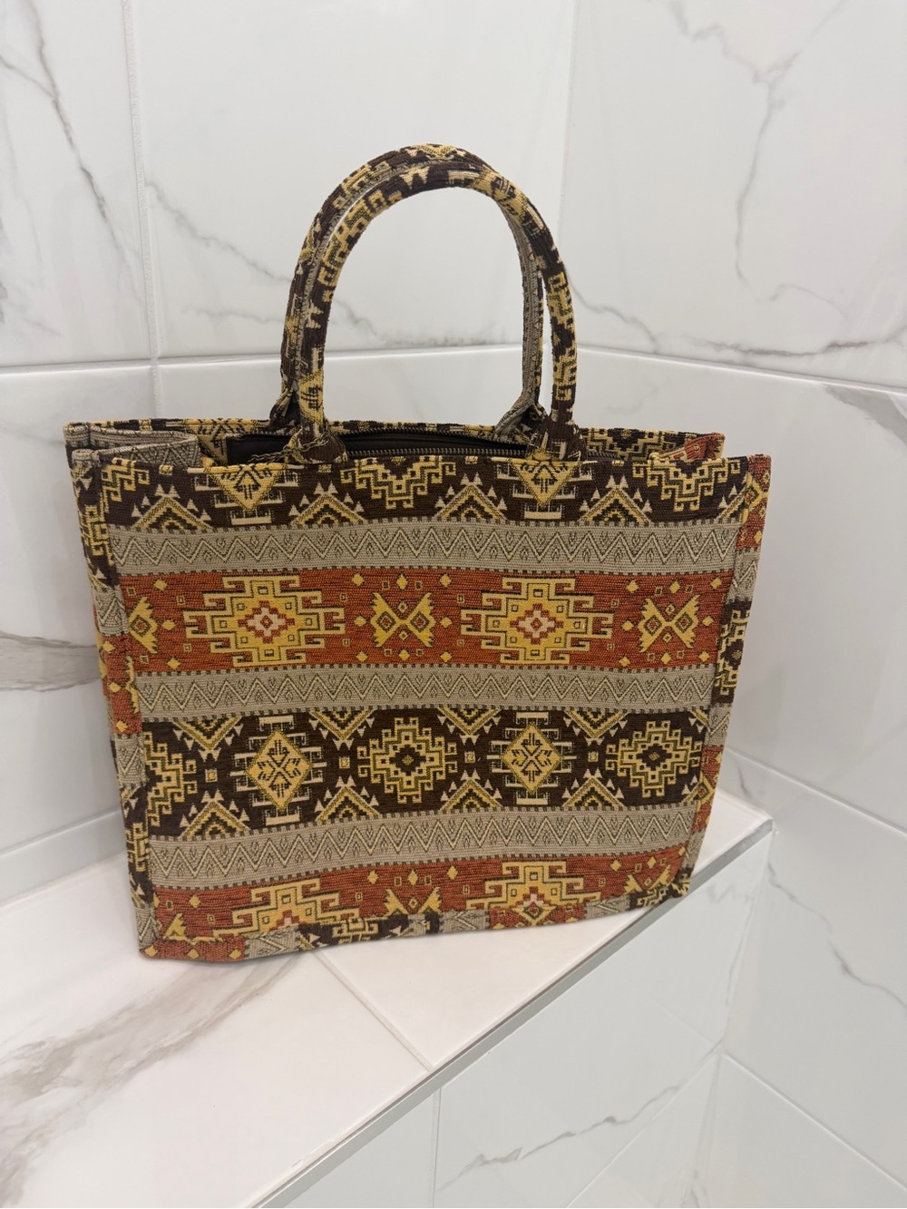 Source Unknown Brown, Orange & Yellow Tribal Tote